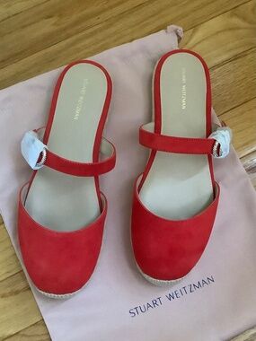 Stuart Weitzman Crystal Buckle Espadrille Suede Mule Coral SZ 9